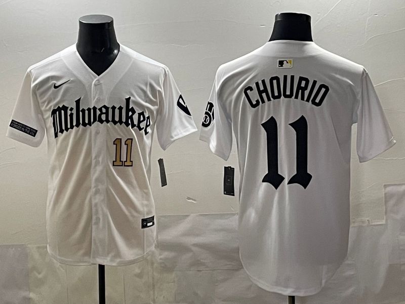 Men 2025 Milwaukee Brewers #11 Chourio White Five generations Joint Name Nike MLB Jersey style 04